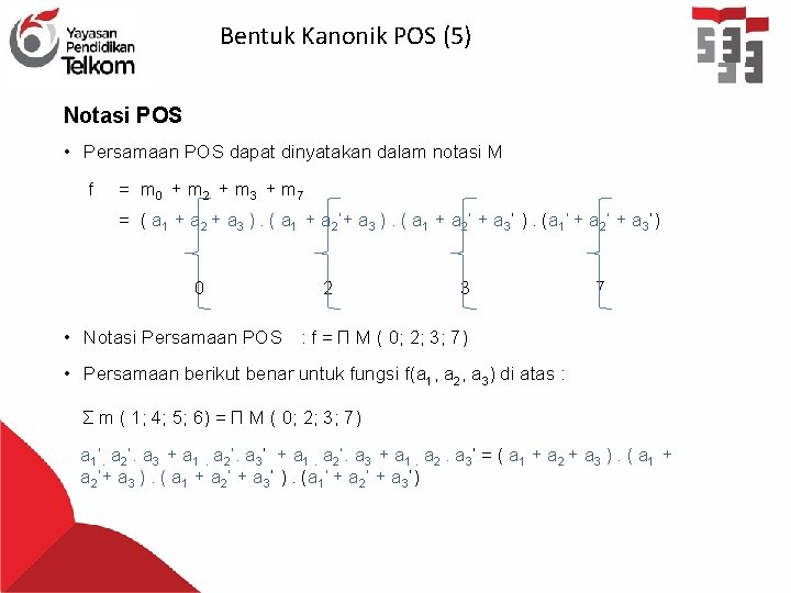 Bentuk Kanonik POS (5) Notasi POS • Persamaan POS dapat dinyatakan dalam notasi M