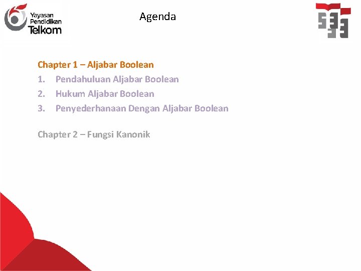 Agenda Chapter 1 – Aljabar Boolean 1. Pendahuluan Aljabar Boolean 2. Hukum Aljabar Boolean