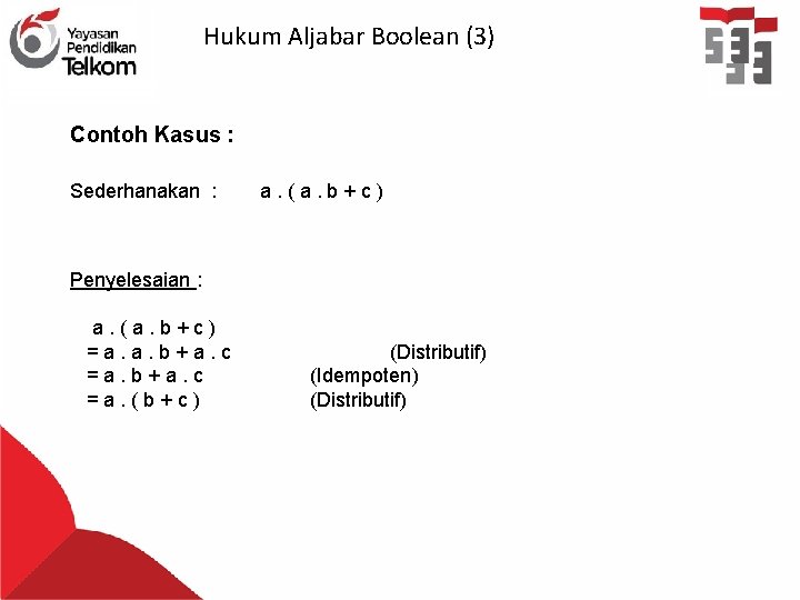 Hukum Aljabar Boolean (3) Contoh Kasus : Sederhanakan : a. (a. b+c) Penyelesaian :