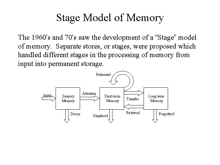 Stage Model of Memory The 1960’s and 70’s saw the development of a “Stage”