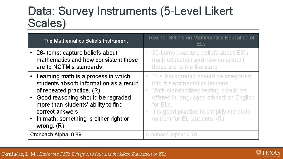 Data: Survey Instruments (5 -Level Likert Scales) The Mathematics Beliefs Instrument Teacher Beliefs on