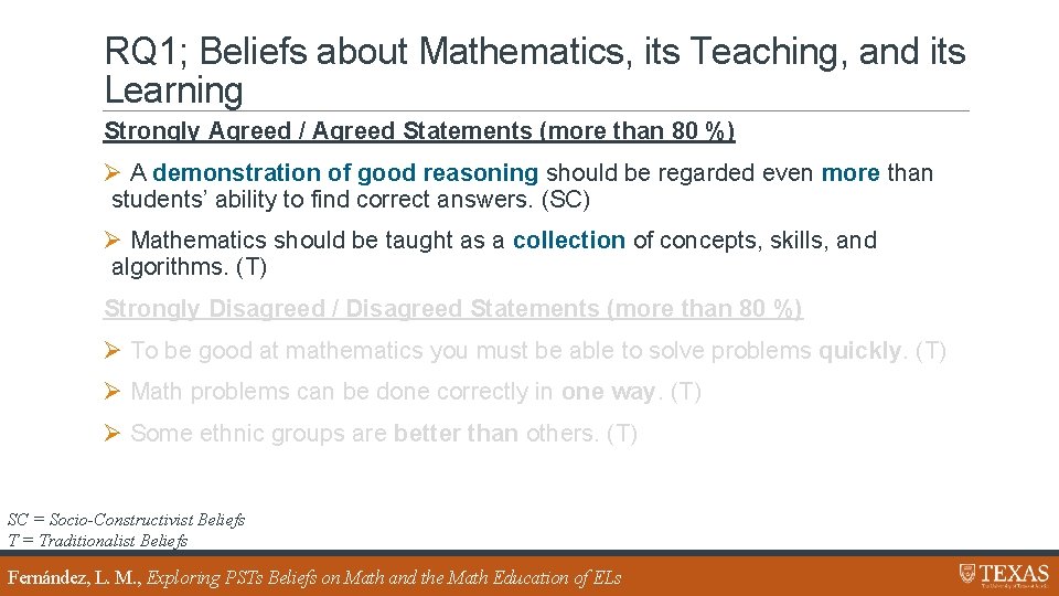 RQ 1; Beliefs about Mathematics, its Teaching, and its Learning Strongly Agreed / Agreed
