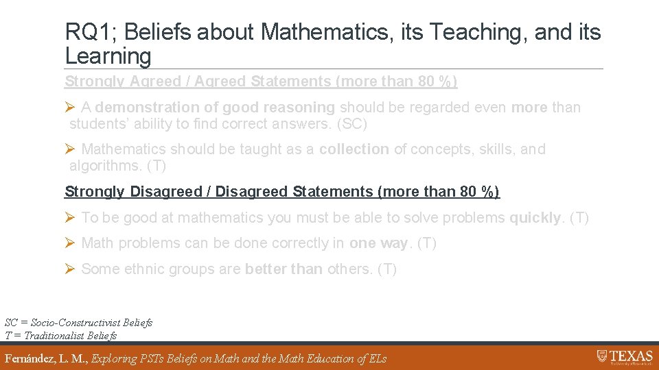 RQ 1; Beliefs about Mathematics, its Teaching, and its Learning Strongly Agreed / Agreed