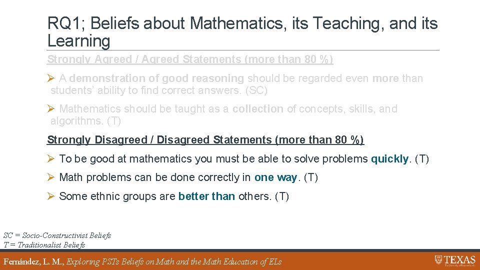 RQ 1; Beliefs about Mathematics, its Teaching, and its Learning Strongly Agreed / Agreed