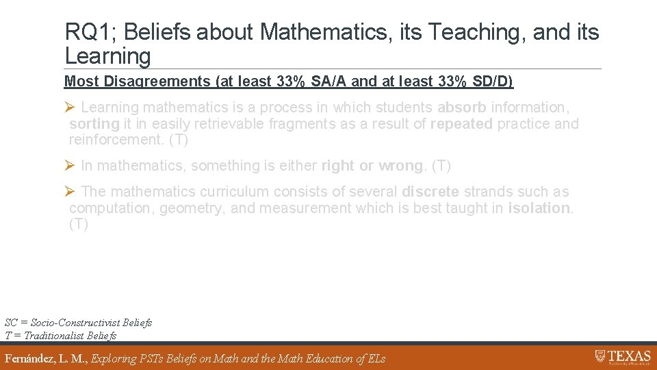 RQ 1; Beliefs about Mathematics, its Teaching, and its Learning Most Disagreements (at least