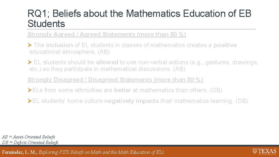 RQ 1; Beliefs about the Mathematics Education of EB Students Strongly Agreed / Agreed