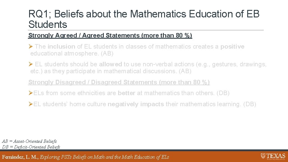 RQ 1; Beliefs about the Mathematics Education of EB Students Strongly Agreed / Agreed