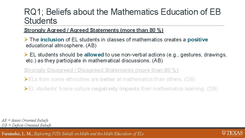 RQ 1; Beliefs about the Mathematics Education of EB Students Strongly Agreed / Agreed