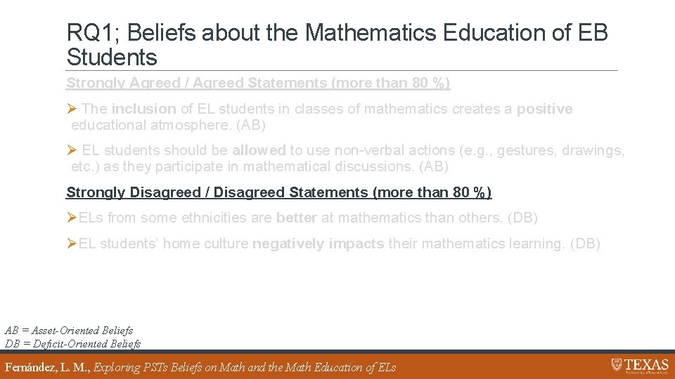 RQ 1; Beliefs about the Mathematics Education of EB Students Strongly Agreed / Agreed