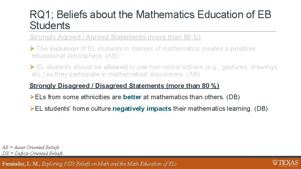 RQ 1; Beliefs about the Mathematics Education of EB Students Strongly Agreed / Agreed