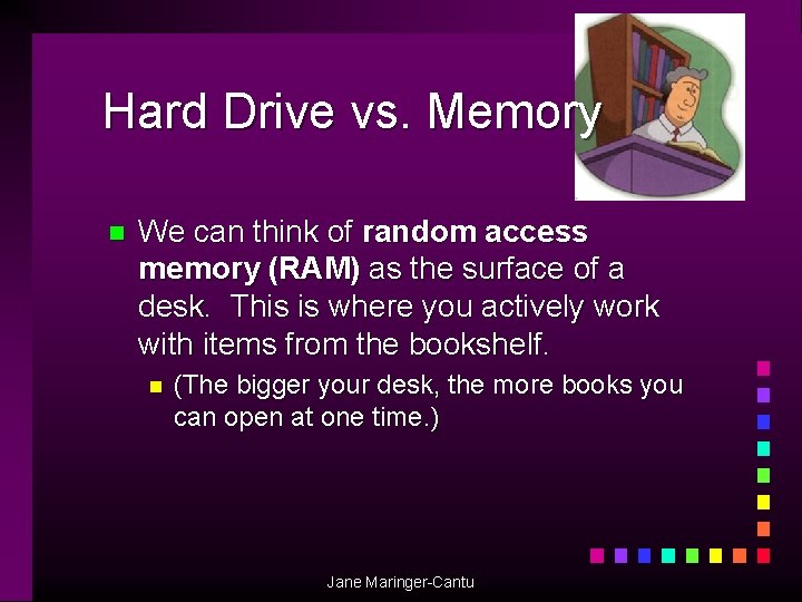 Hard Drive vs. Memory n We can think of random access memory (RAM) as
