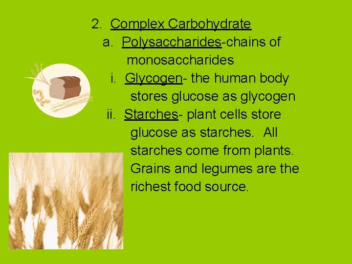 2. Complex Carbohydrate a. Polysaccharides-chains of monosaccharides i. Glycogen- the human body stores glucose