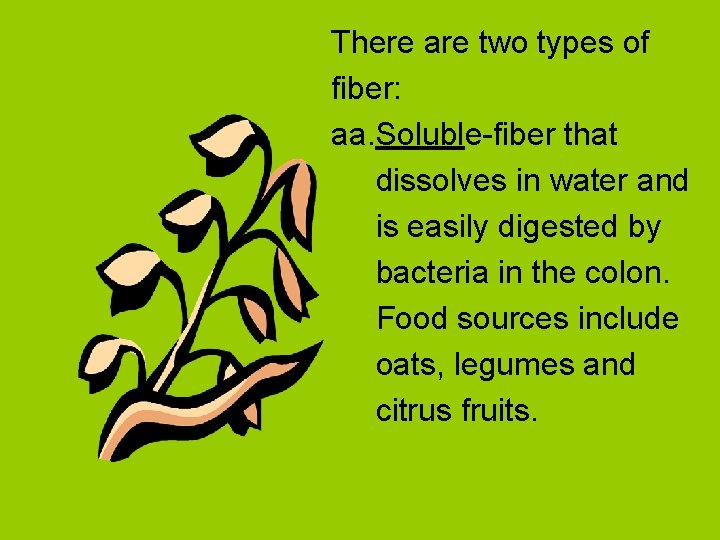 There are two types of fiber: aa. Soluble-fiber that dissolves in water and is