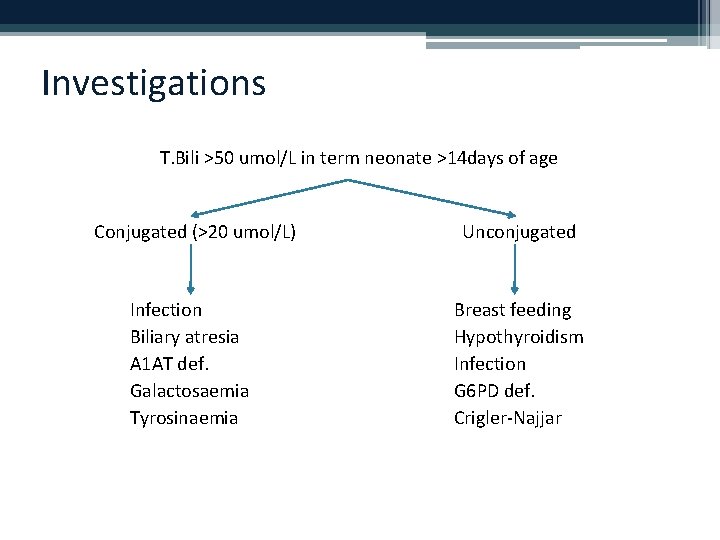 Investigations T. Bili >50 umol/L in term neonate >14 days of age Conjugated (>20