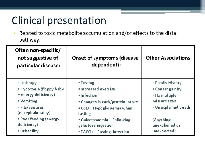 Clinical presentation • Related to toxic metabolite accumulation and/or effects to the distal pathway.