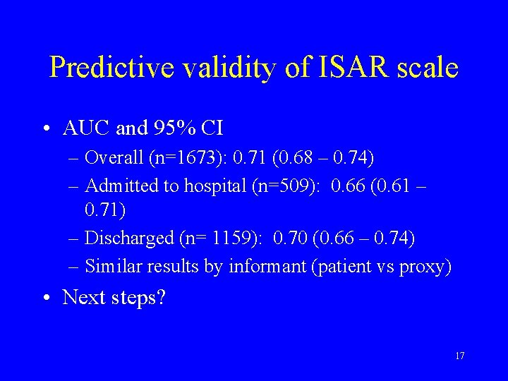 Predictive validity of ISAR scale • AUC and 95% CI – Overall (n=1673): 0.