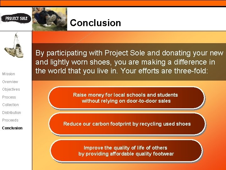 Conclusion Mission By participating with Project Sole and donating your new and lightly worn