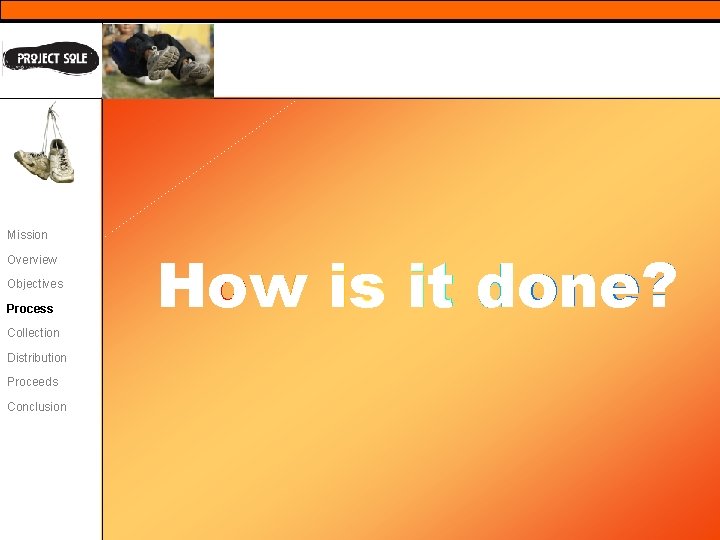 Mission Overview Objectives Process Collection Distribution Proceeds Conclusion How is is it it done?
