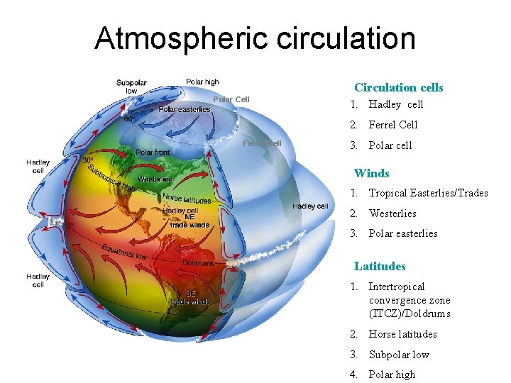 Atmospheric circulation Circulation cells Polar Cell 1. Hadley cell 2. Ferrel Cell 3. Polar Atmospheric circulation Circulation cells Polar Cell 1. Hadley cell 2. Ferrel Cell 3. Polar