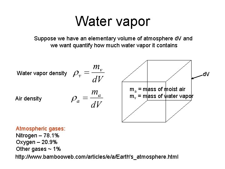Water vapor Suppose we have an elementary volume of atmosphere d. V and we Water vapor Suppose we have an elementary volume of atmosphere d. V and we