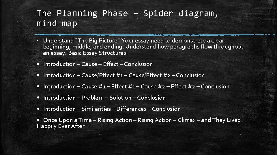 The Planning Phase – Spider diagram, mind map ▪ Understand “The Big Picture” Your