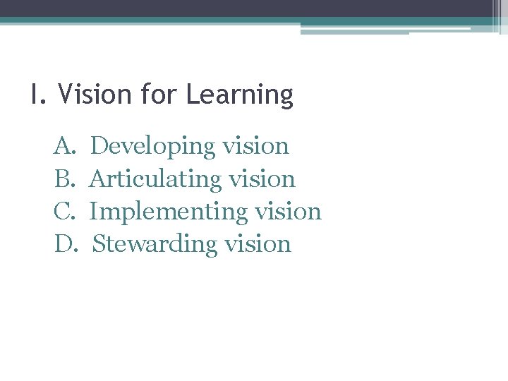 I. Vision for Learning A. Developing vision B. Articulating vision C. Implementing vision D.