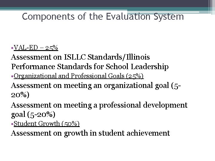 Components of the Evaluation System • VAL-ED – 25% Assessment on ISLLC Standards/Illinois Performance