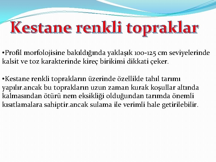 Kestane renkli topraklar • Profil morfolojisine bakıldığında yaklaşık 100 -125 cm seviyelerinde kalsit ve