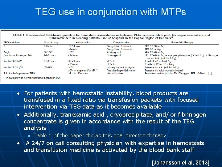 TEG use in conjunction with MTPs • For patients with hemostatic instability, blood products