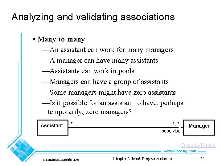 Analyzing and validating associations • Many-to-many —An assistant can work for many managers —A