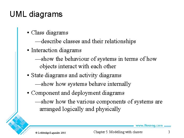 UML diagrams • Class diagrams —describe classes and their relationships • Interaction diagrams —show