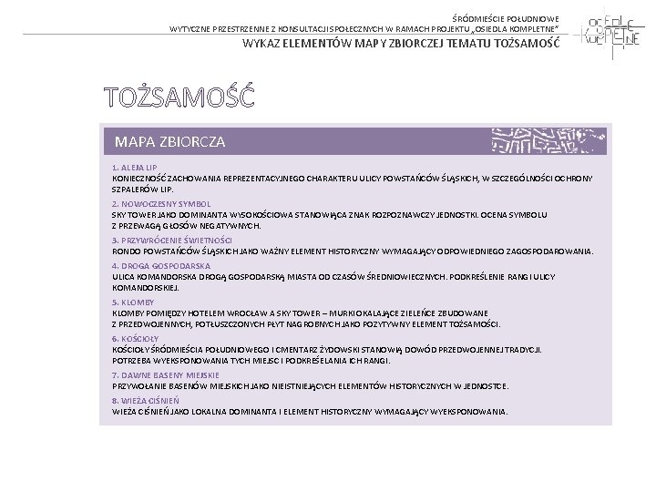 ŚRÓDMIEŚCIE POŁUDNIOWE WYTYCZNE PRZESTRZENNE Z KONSULTACJI SPOŁECZNYCH W RAMACH PROJEKTU „OSIEDLA KOMPLETNE” WYKAZ ELEMENTÓW