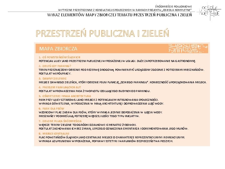 ŚRÓDMIEŚCIE POŁUDNIOWE WYTYCZNE PRZESTRZENNE Z KONSULTACJI SPOŁECZNYCH W RAMACH PROJEKTU „OSIEDLA KOMPLETNE” WYKAZ ELEMENTÓW