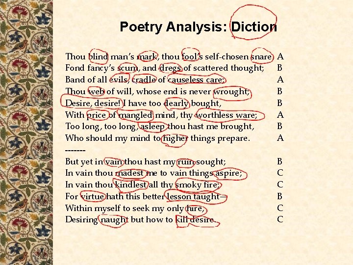 Poetry Analysis: Diction Thou blind man’s mark, thou fool’s self-chosen snare, Fond fancy’s scum,