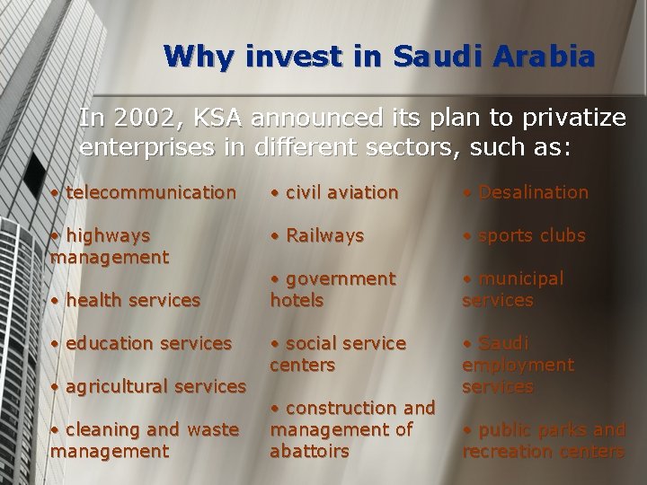 Why invest in Saudi Arabia In 2002, KSA announced its plan to privatize enterprises