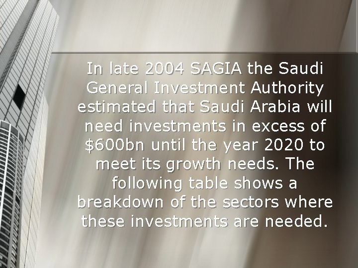 In late 2004 SAGIA the Saudi General Investment Authority estimated that Saudi Arabia will