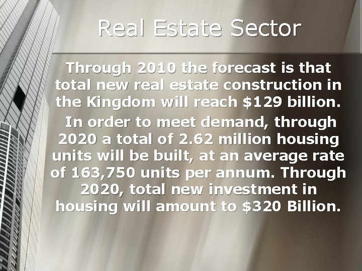 Real Estate Sector Through 2010 the forecast is that total new real estate construction