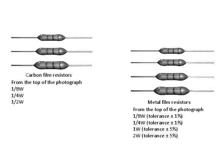 Carbon film resistors From the top of the photograph 1/8 W 1/4 W 1/2