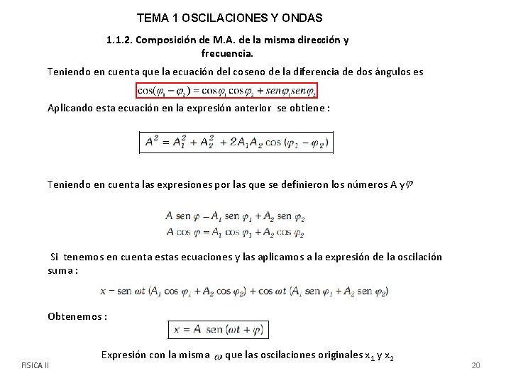 TEMA 1 OSCILACIONES Y ONDAS 1. 1. 2. Composición de M. A. de la