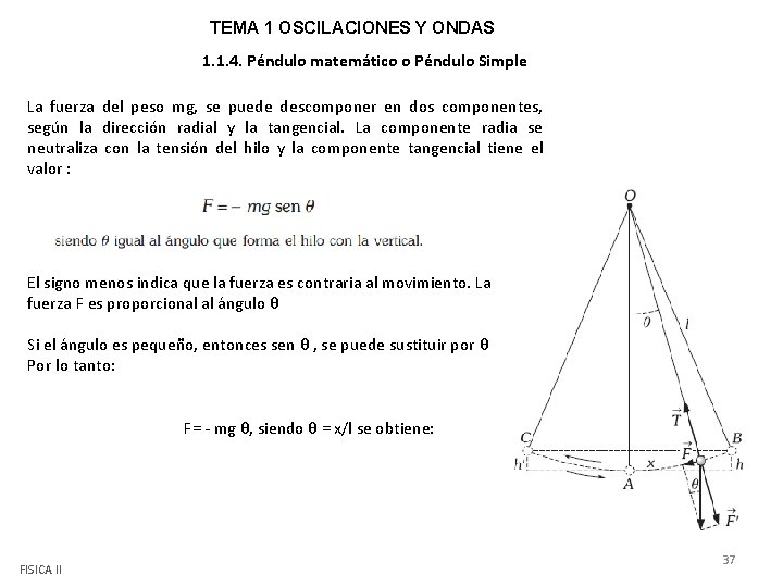 TEMA 1 OSCILACIONES Y ONDAS 1. 1. 4. Péndulo matemático o Péndulo Simple La