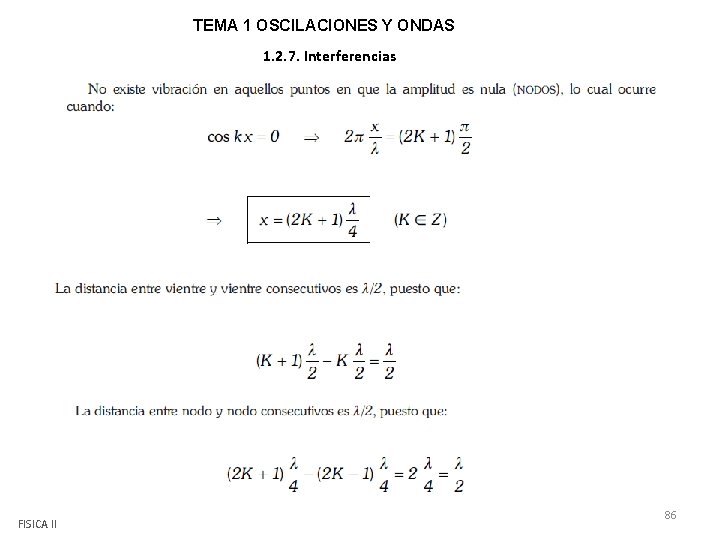 TEMA 1 OSCILACIONES Y ONDAS 1. 2. 7. Interferencias FISICA II 86 
