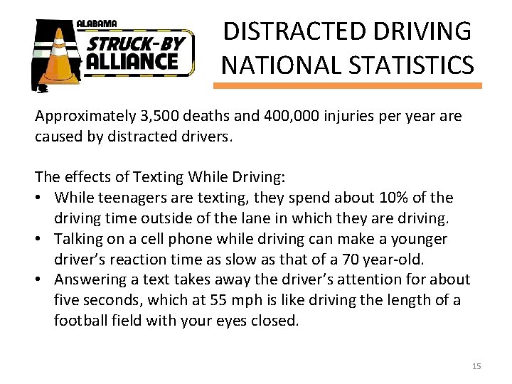 DISTRACTED DRIVING NATIONAL STATISTICS Approximately 3, 500 deaths and 400, 000 injuries per year