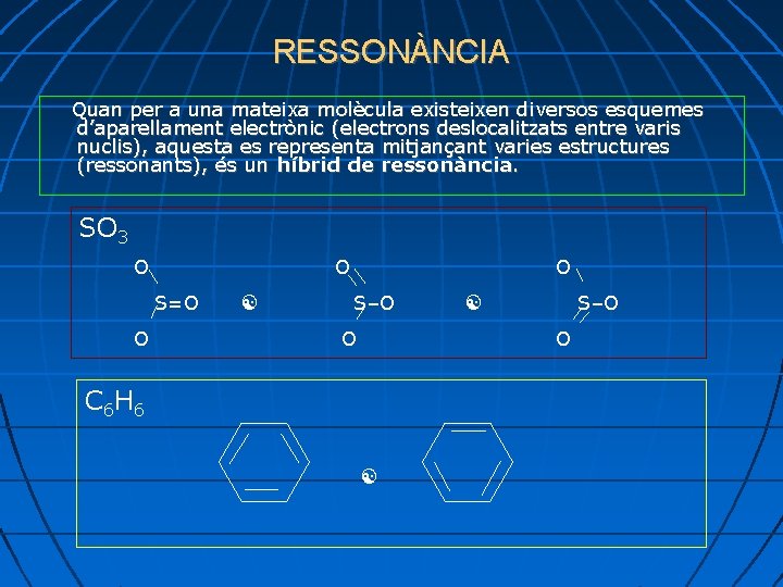 RESSONÀNCIA Quan per a una mateixa molècula existeixen diversos esquemes d’aparellament electrònic (electrons deslocalitzats