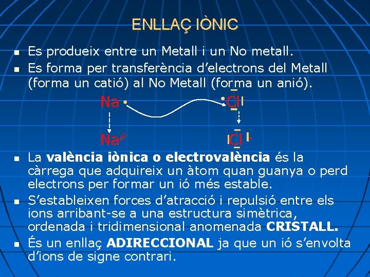 ENLLAÇ IÒNIC Es produeix entre un Metall i un No metall. Es forma per