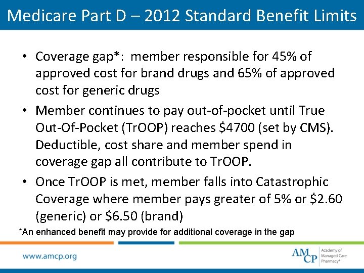 Medicare Part D – 2012 Standard Benefit Limits • Coverage gap*: member responsible for