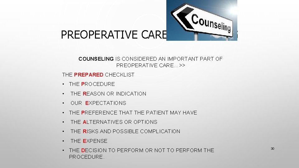 PREOPERATIVE CARE COUNSELING IS CONSIDERED AN IMPORTANT PART OF PREOPERATIVE CARE…>> THE PREPARED CHECKLIST