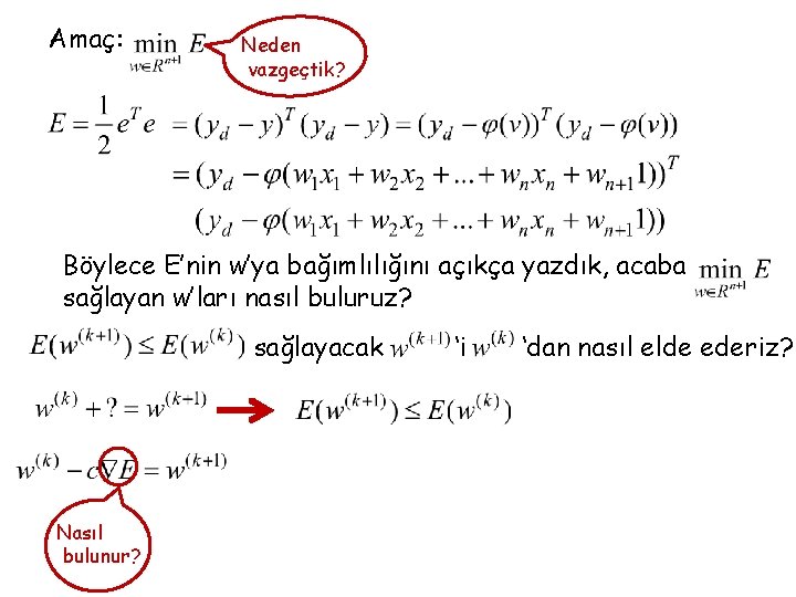 Amaç: Neden vazgeçtik? Böylece E’nin w’ya bağımlılığını açıkça yazdık, acaba sağlayan w’ları nasıl buluruz?