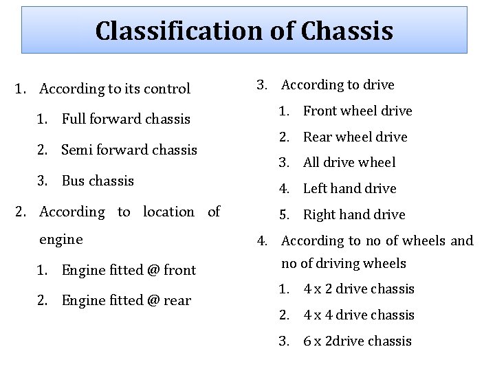 Classification of Chassis 1. According to its control 1. Full forward chassis 2. Semi