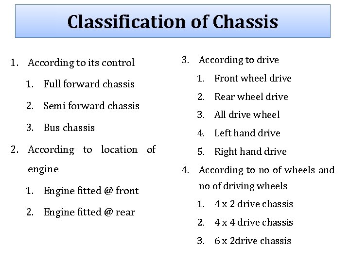 Classification of Chassis 1. According to its control 1. Full forward chassis 2. Semi Classification of Chassis 1. According to its control 1. Full forward chassis 2. Semi