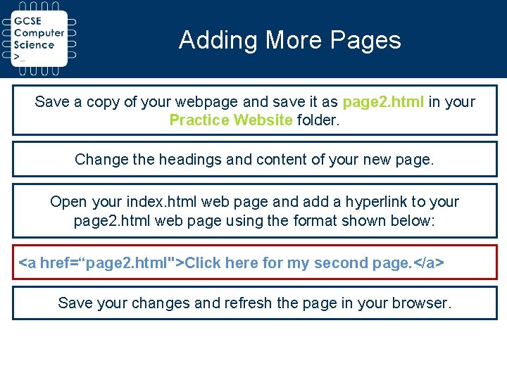 Adding More Pages Save a copy of your webpage and save it as page Adding More Pages Save a copy of your webpage and save it as page